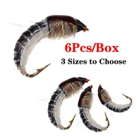 1 6pcs fishing lure 161410 hooks black bright skin worm nymph dry fly insect bait trout fly fishing flies
