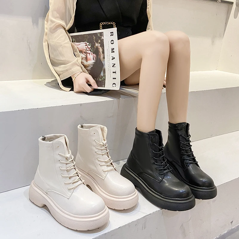 

Thick Bottom Platform Boots For Women Martin Boots Ankle Lace Up Motorcycle Boots Women's Platform Shoes Winter Female Booties