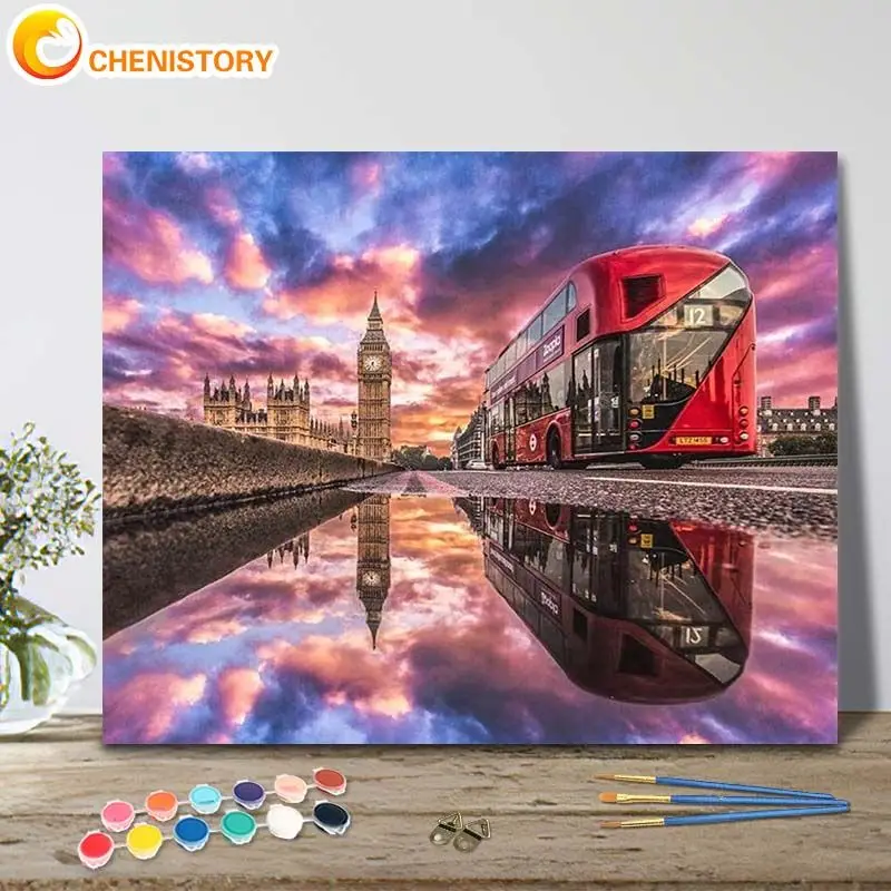 

CHENISTORY 5D Diy Diamond Painting London Bell Tower Bus View Cross Stitch Mosaic Diamond Needlework Round Home Decor