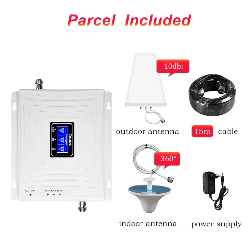 

Lintratek GSM repeater 2g 3g 4g tri band 900mhz dcs lte 1800mhz wcdma 3g 2100mhz cellular booster amplifier data & voice LCD 7