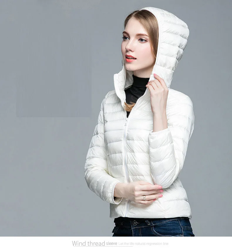 Зимняя женская ультра легкая куртка-пуховик с капюшоном и белым утиным пухом