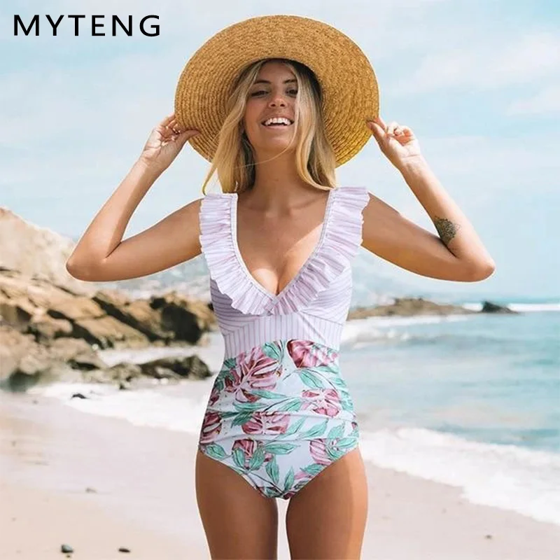 Пикантная обувь в стиле ретро с цветочным принтом Цельный купальник для женщин