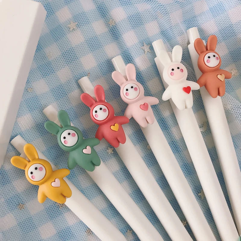 

6Pcs/set Kawaii 3D Cartoon Stereo Bunny Gel Pens 0.5mm Black Ink Press Type Signature Pen for School Exam Stationary Supplies