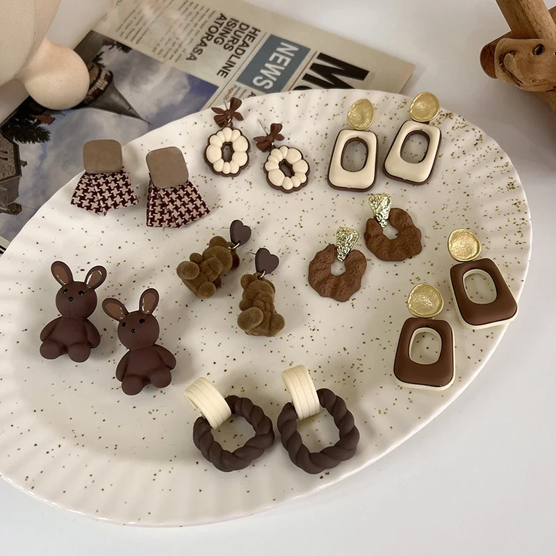 

Minar Korean Style Multiple Coffee Color Geometric Drop Dangle Earrings for Women Rabbit Bowknot Bear Earring Fashion Jewelry