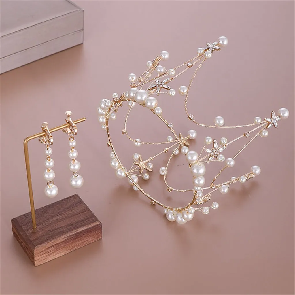 Женский набор с жемчужной короной и зажимом для ушей свадебный обруч принцессы