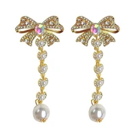 2021 new luxury rhinestone bowknot earrings sweet long pearl pendant earrings wedding banquet earrings jewelry for women