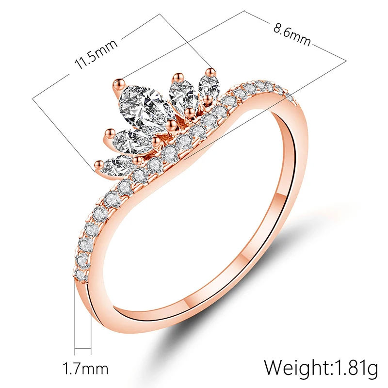 Simple Luxury Rose Gold Rings For Women Charming Female Crystal Ring Jewelry Romantic Elegant Ladies Crown Girls Gifts | Украшения и