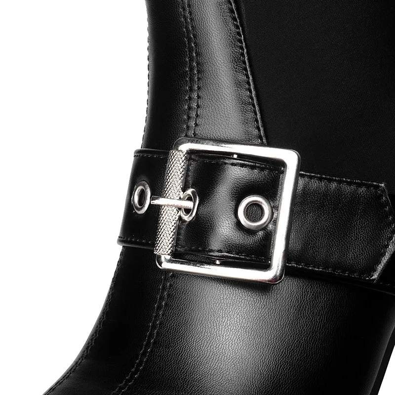 

Fashion PU Leather Stretch Lycra Sock Boots Women Square Big Buckle Thick High Heels Short Boots Ladies Autumn Winter Shoes Boot