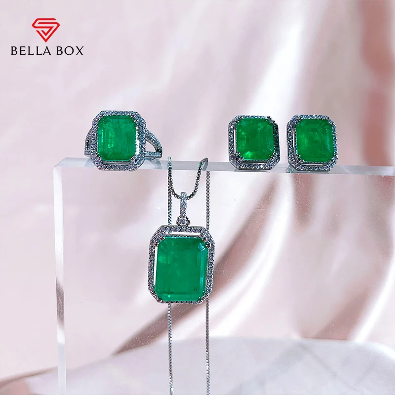

Bella Box Emerald Jewelry Set For Women 925 Sterling Silver 9*11mm Earrings Rings 12*16mm Necklace Rectangle Anniversary Jewelry