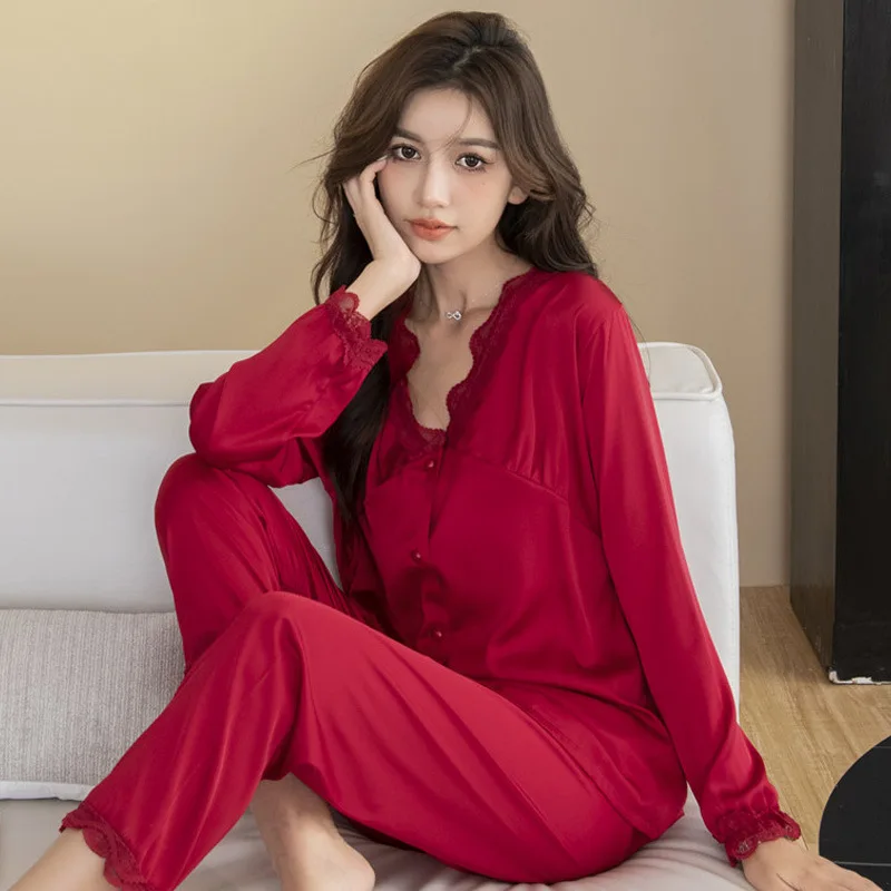 QWEEK Autumn Silk Like Pajama Set Women Lace Soft Sleepwear Long Sleeve Pijamas Brief Pyjamas Kawaii Nightwear Bedroom Suit Pjs