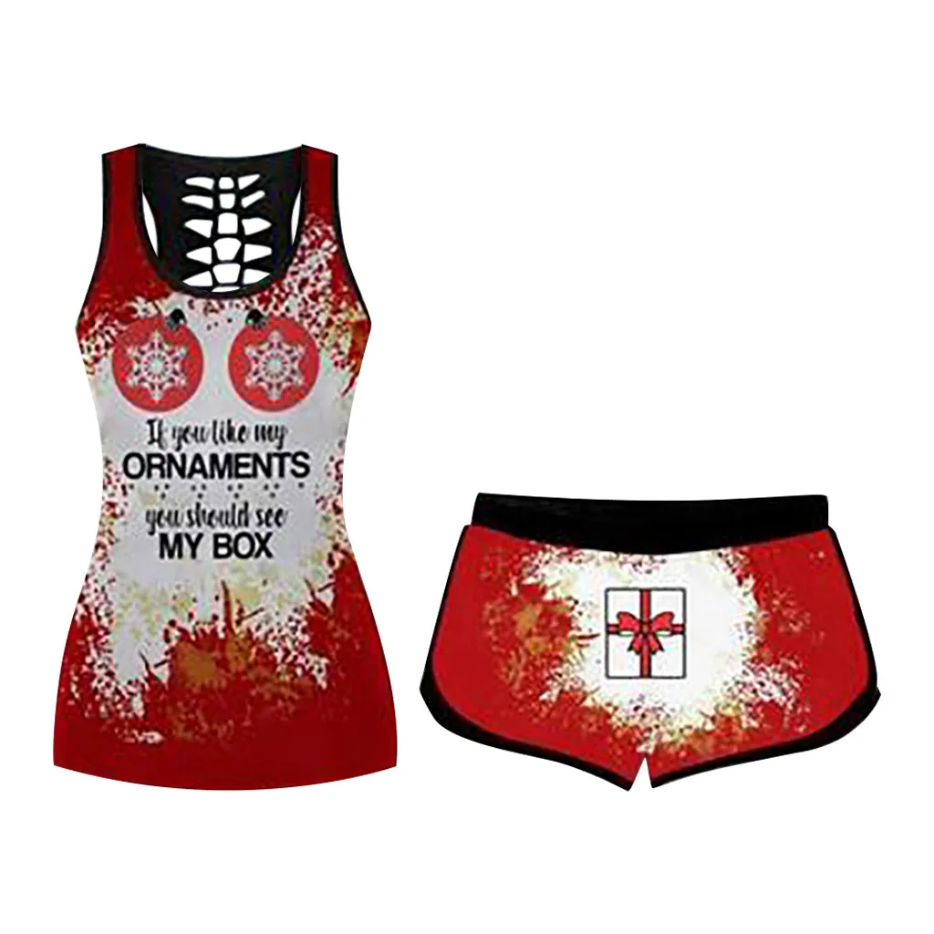 

Women's Printing Sleeveless Shirts Vest Set Drawstring Shorts Set