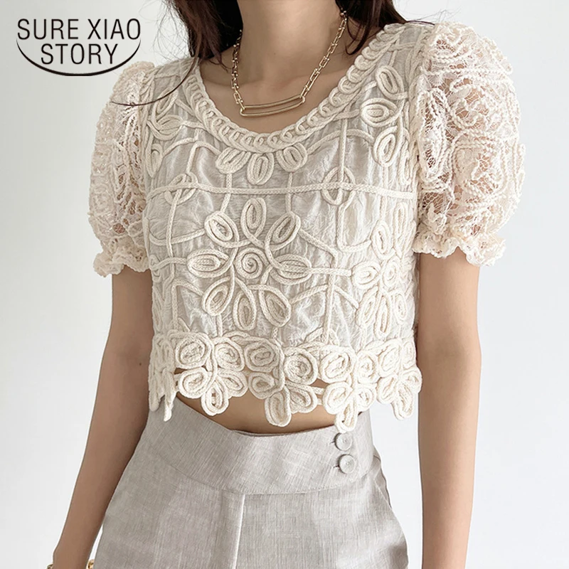 

Korean Chic Lace Blouse Fashion Thick Thread Shirt O-neck Elegant Summer Blouse for Women Tops Lace Shirt Blusas Clothes 15288
