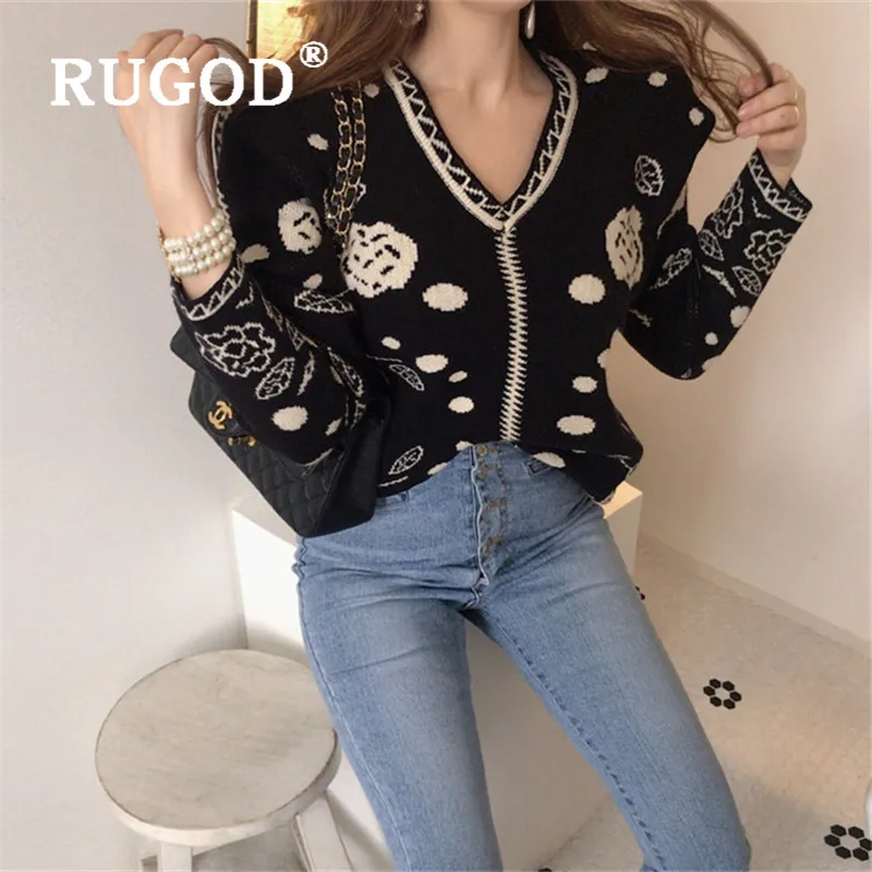 RUGOD 2019 Новая Осенняя черная свитер пуловер для женщин с v-образным вырезом узор в