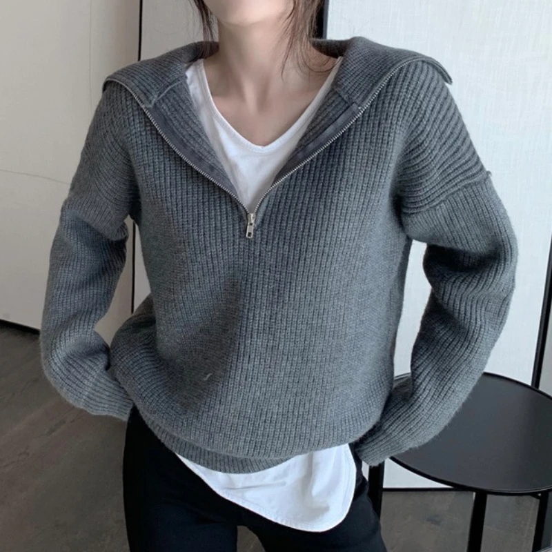 

Autumn Winter Casual Loose Turtleneck Zipper Sweaters For Women Solid Long Sleeve Knitted Pullover Female Basic Soft Clothes