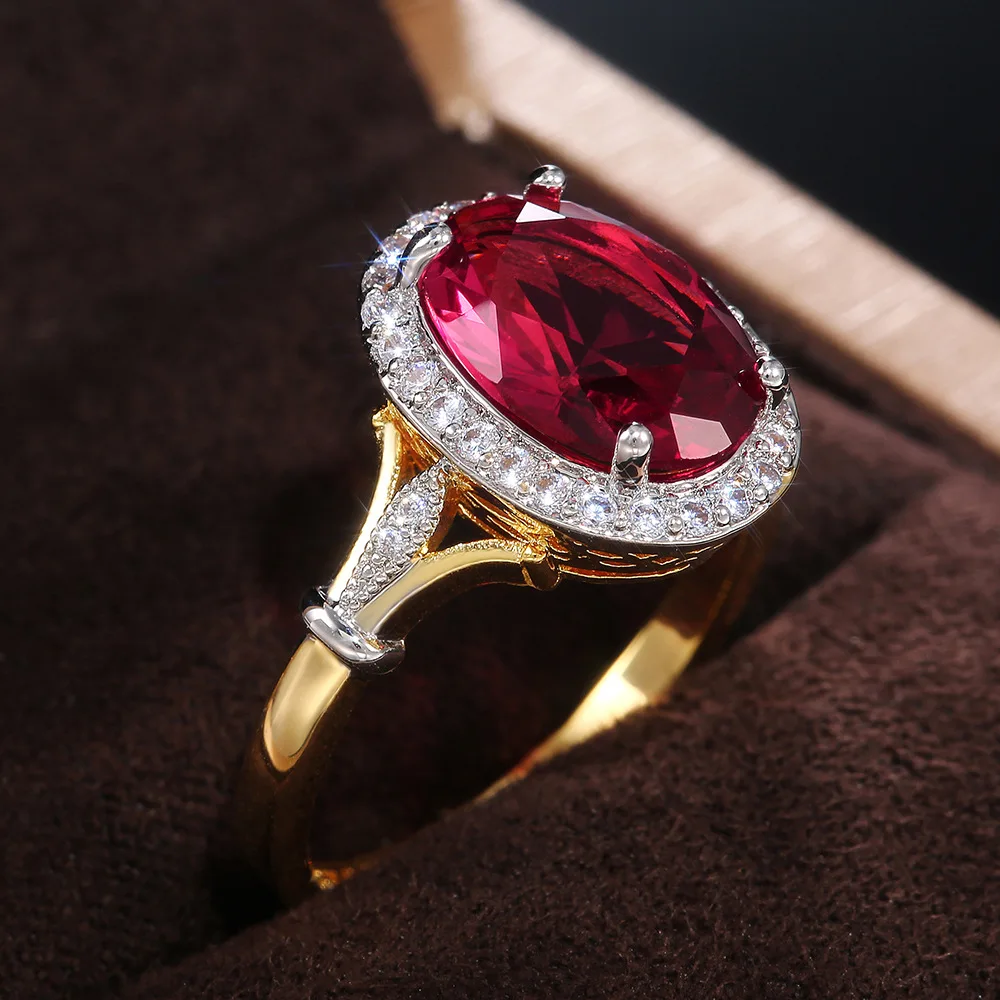 

Luxury Female Red Crystal Stone Ring Charm Gold Color Wedding Rings For Women Promise Oval Zircon Engagement Ring