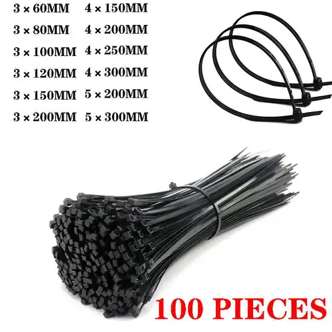 Самоблокирующиеся пластиковые нейлоновые кабельные стяжки 100 шт., черные 5x300, кабельные стяжки, крепежные кольца 3x200, набор промышленных каб...