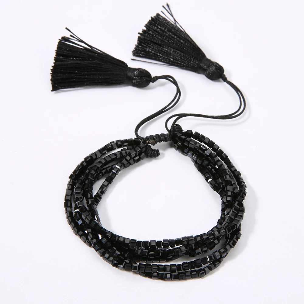 

Rttooas Black Square Crystal Beads Bracelet Bileklik Pulseras Mujer 2020 Fashion Tassel Multi-layer Bracelet Wrist Jewelry