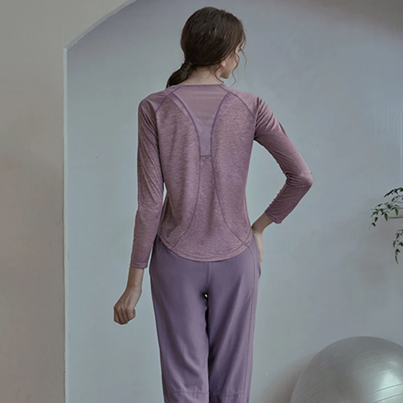 Loose Yoga Shirts Women Sexy Mesh Back Long Sleeves Breathable Fitness Workout T-shirts Quick Drying Sport Wear for Women Gym