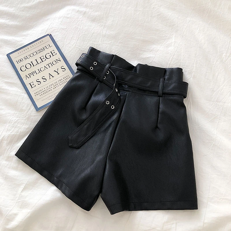 Женские кожаные шорты с высокой талией корейские модные короткие из