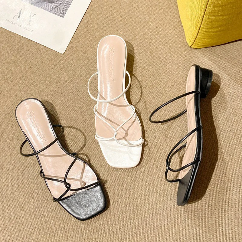 

Сандалии женские с перекрестными завязками, пляжные шлепанцы без застежек, элегантные сандалии с тонкими узкими ремешками, обувь на низком ...