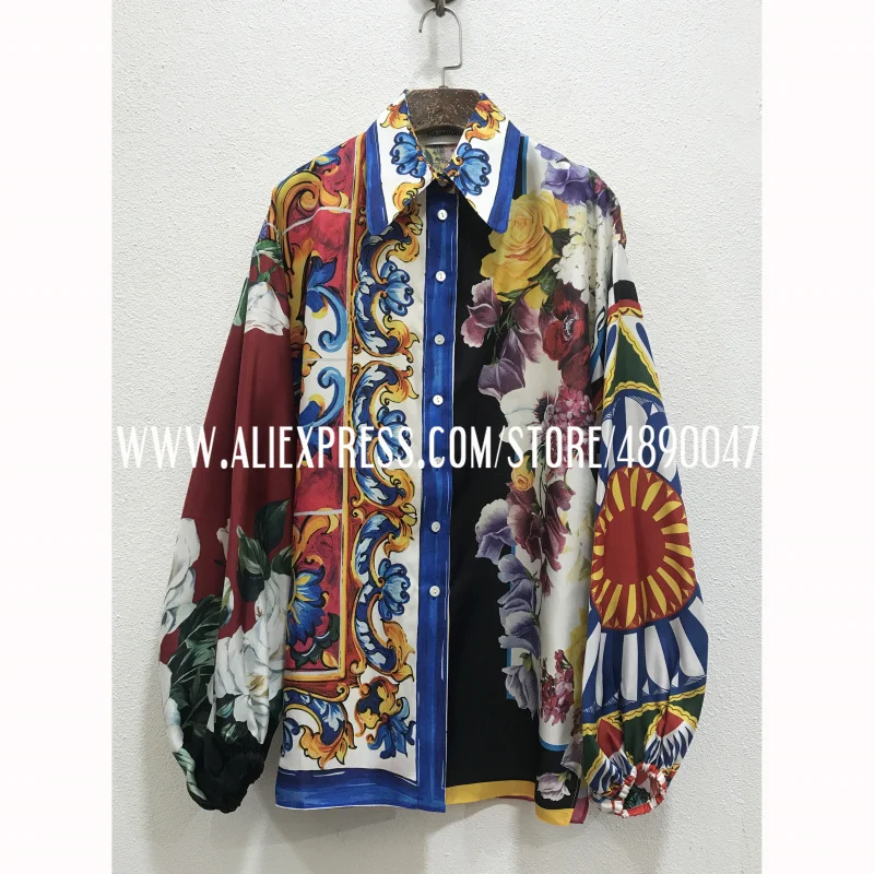 

2021 spring summer women's positioning printing lantern sleeve twill silk shirt High-quality loose Sicilian style shirt