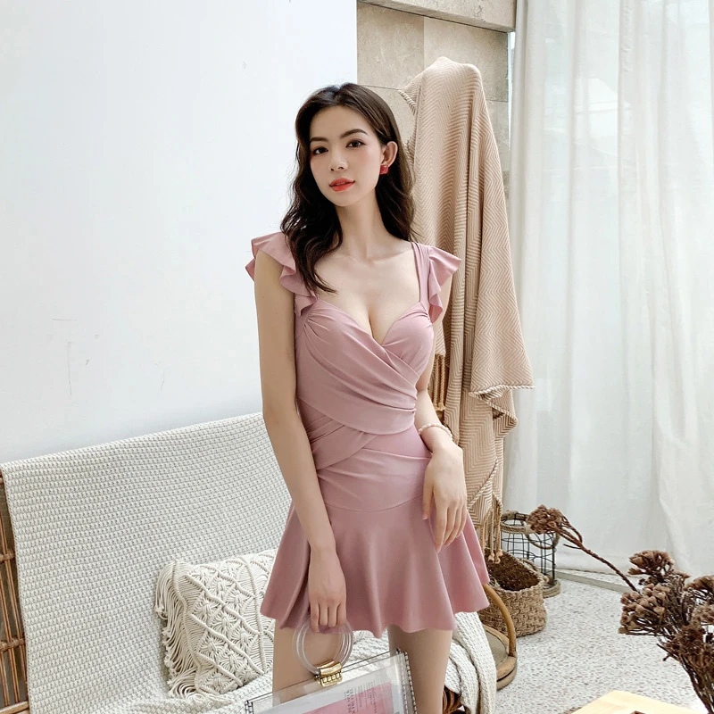 Push Up Swimwear Women One Piece Ruffle Padded Bra Swimsuit 2020 Green Pink Mesh Thin Skirt Bathing Suit Swim Costume Beach Wear