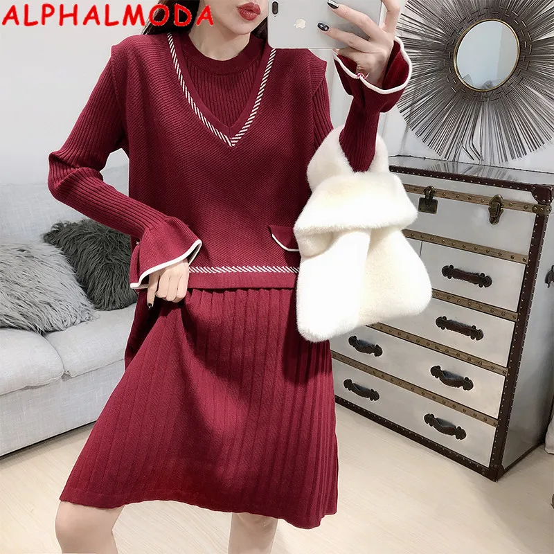 ALPHALMODA вязаный жилет + плиссированное платье с длинным рукавом и Рогом женский