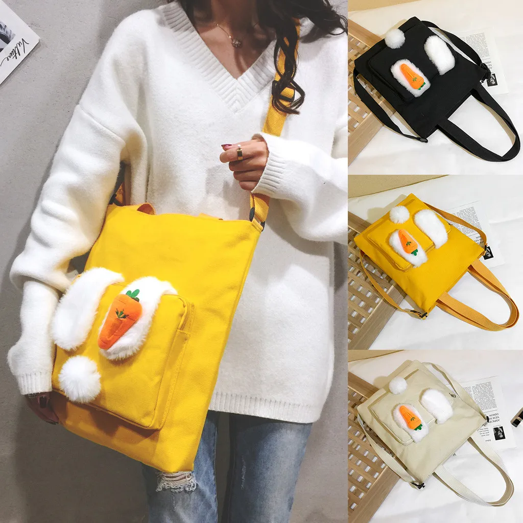 

Large Messenger Travel Bag Women Fashion Canvas Rabbit Coin Plush Shoulder Messenger Casual Handbag Bags Female Shoulder Bags