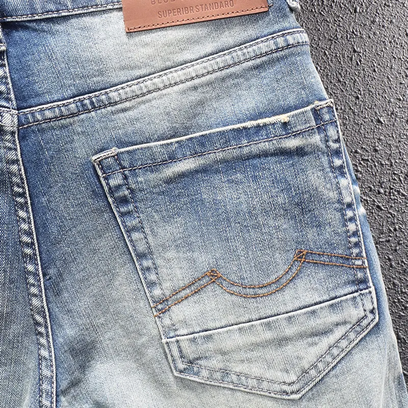 Street Style Fashion Men Jeans Retro Blue Slim Fit Destroyed Hole Ripped Jeans Men Patchwork Vintage Designer Casual Denim Pants