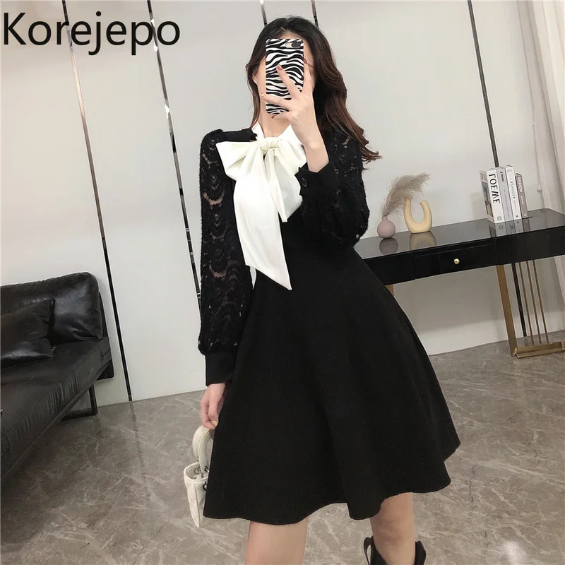 

Платье женское ТРАПЕЦИЕВИДНОЕ кружевное с бантом, Осень-зима