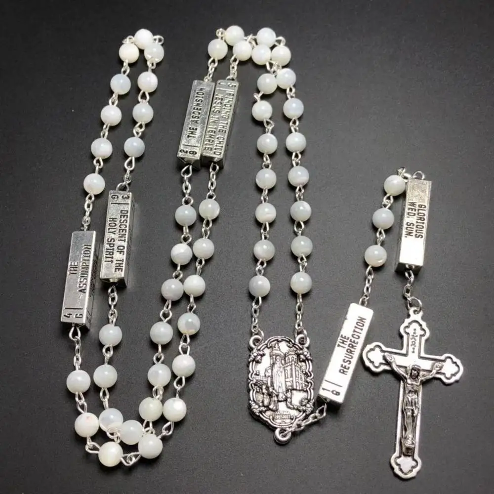 

6mm sea shell religious rosary mother of pear catholic necklace with silver or gold plating fatima conncetors and five mysteries