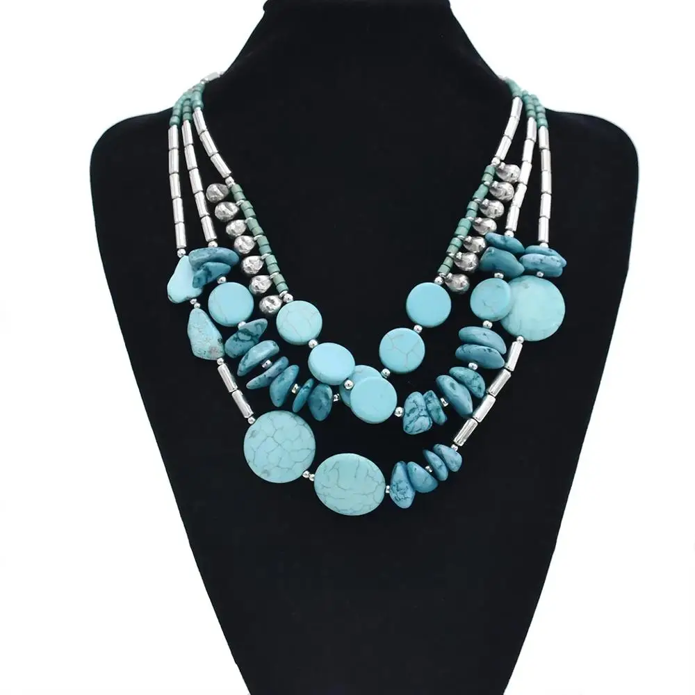 Ожерелье женское с серебряным покрытием этническое зеленым камнем ниспадающее