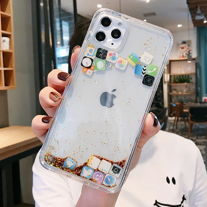 

Dynamic Quicksand Cover For iPhone 11 Pro MAX Liquid Hard Phone Shell For iPhone 6 7 8 Plus X XR XS MAX Cute apps icon Case Capa