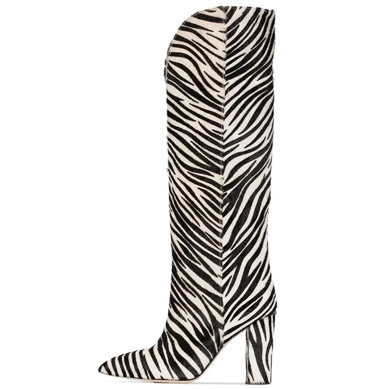 

Women's Long Boots Striped Horse Hair Thick High Heel Pointed Toe Over The Knee High Boots Sexy Leopard Shoes Botas Mujer Bootie