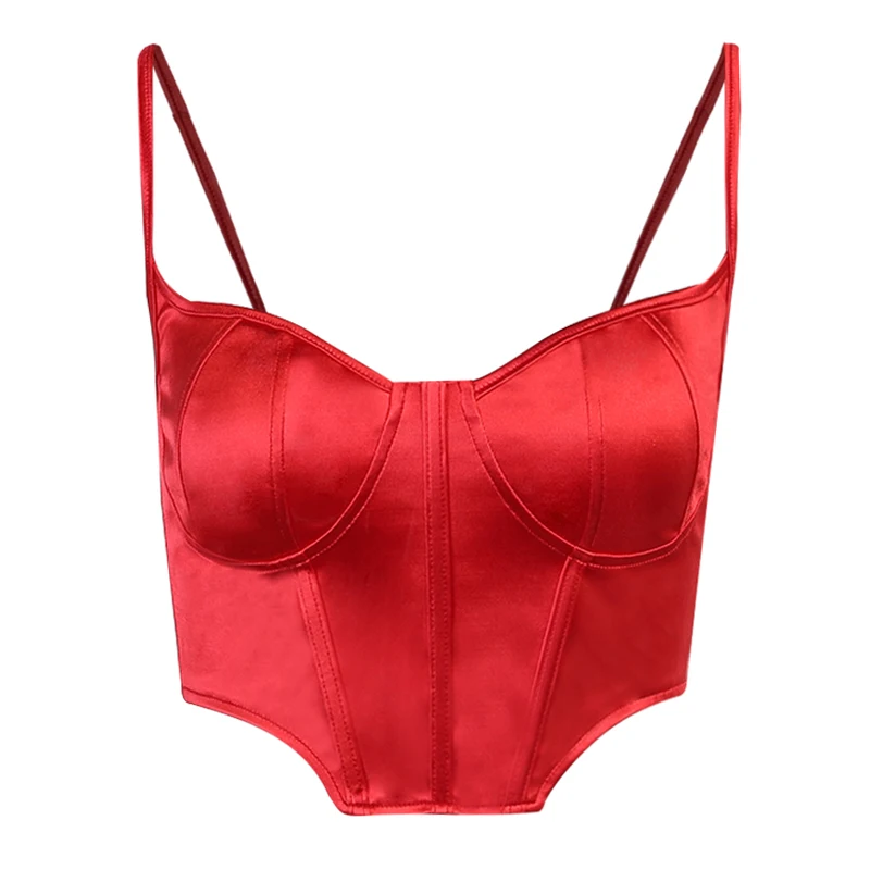 

InstaHot Satin Camis Summer 2021 Red Elegant Female Crop Top Casual Slim Asymmetric Backless Slim Corset Spaghetti Strap Tops