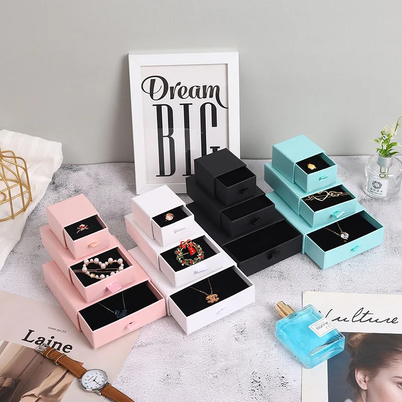 12pcs/lot Cardboard Sliding Drawer Storage Ring Necklace Jewelry Gift Packaging Box With Ribbon Rope Black Kraft Cotton Filled
