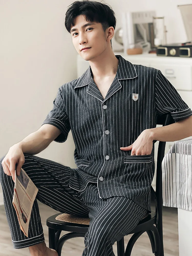 

2021 Summer Men's 100% Cotton Pajamas Sets 2Pcs Pure Cotton Pyjamas Sleepwear Male Home Clothes Gray Striped Short-sleeve Pijama