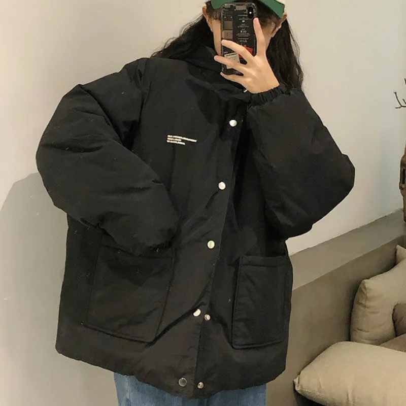 

Parkas Women Winter Reversible Letter Printed Hooded Loose Single Breasted Coats Korean Style Fashion Students Couples Outwear