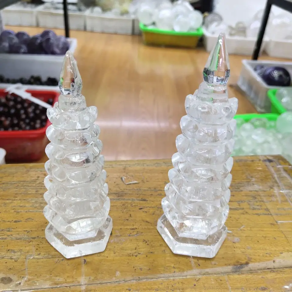 

Natural White Crystal Carved Nine Layers Of Pagoda Of Cultural Prosperity Reiki Ornament WenChang Pagoda Tower Buddhist Holy