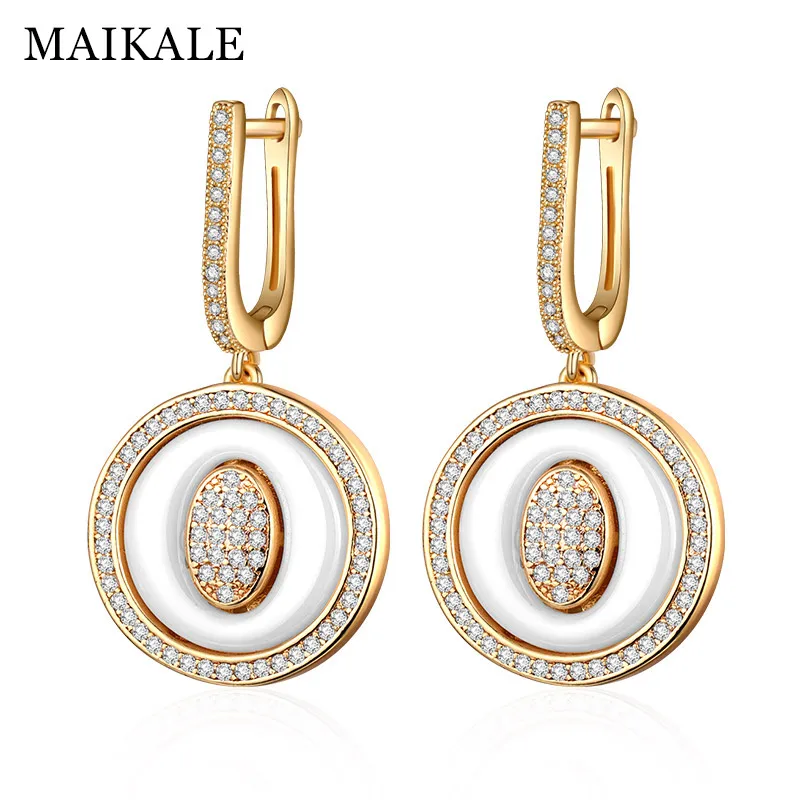 gold white MAIKALE, трендовые Простые керамические висячие серьги, высокое качество, медь AAA, кубический цирконий, позолоченные, большие серебряные серьги для женщин - Окраска металла: gold white