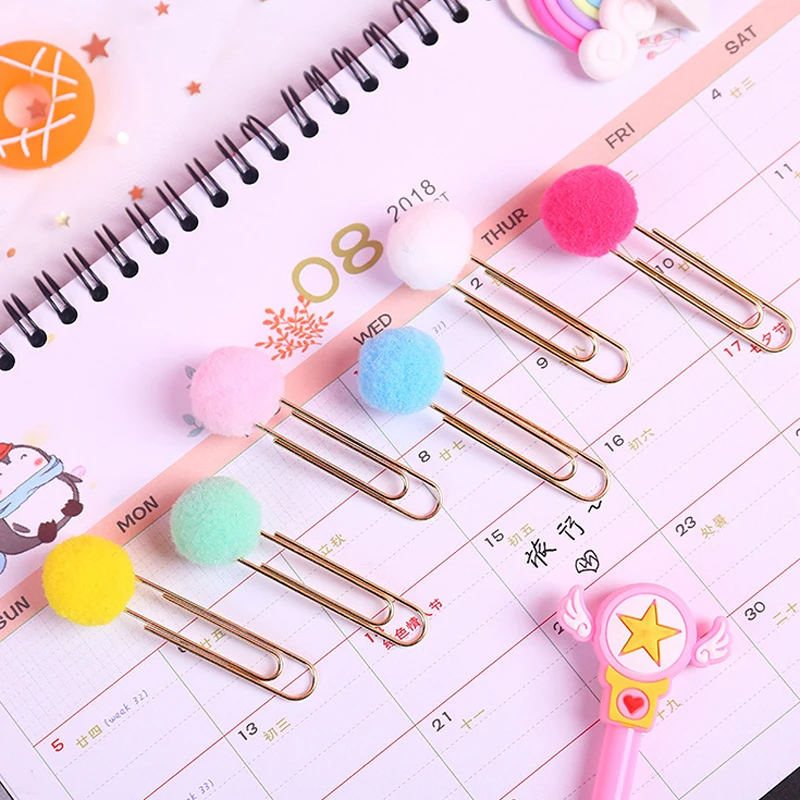 6pcs/set Kawaii Hairball Rose Gold Cilp Candy Color Modelling Cute Paper Clip Decoration Office Supplies Stationery DIY Set | Канцтовары