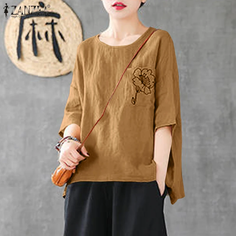 

Блузка ZANZEA женская с вышивкой, винтажный топ из хлопка и льна, Повседневная однотонная туника с коротким рукавом, свободная рубашка, лето 2022