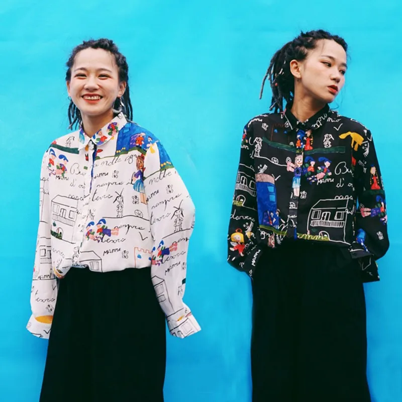 

Vintage Women Cartoon Print Blouse Casual Long Sleeve Lapel Shirt Ladies Streetwear Fashion Blouses Tops blusas femininas