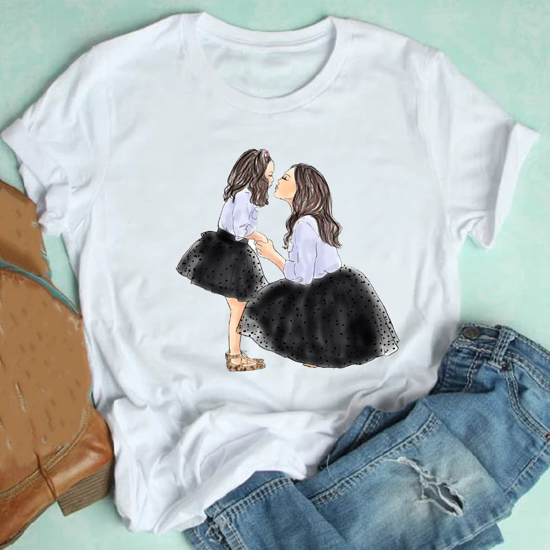 

Women Short Sleeve Daughter Cute Girl Spring Summer Cartoon Mom Mother Clothes Print Tshirt Female Tee Top Graphic T-shirt