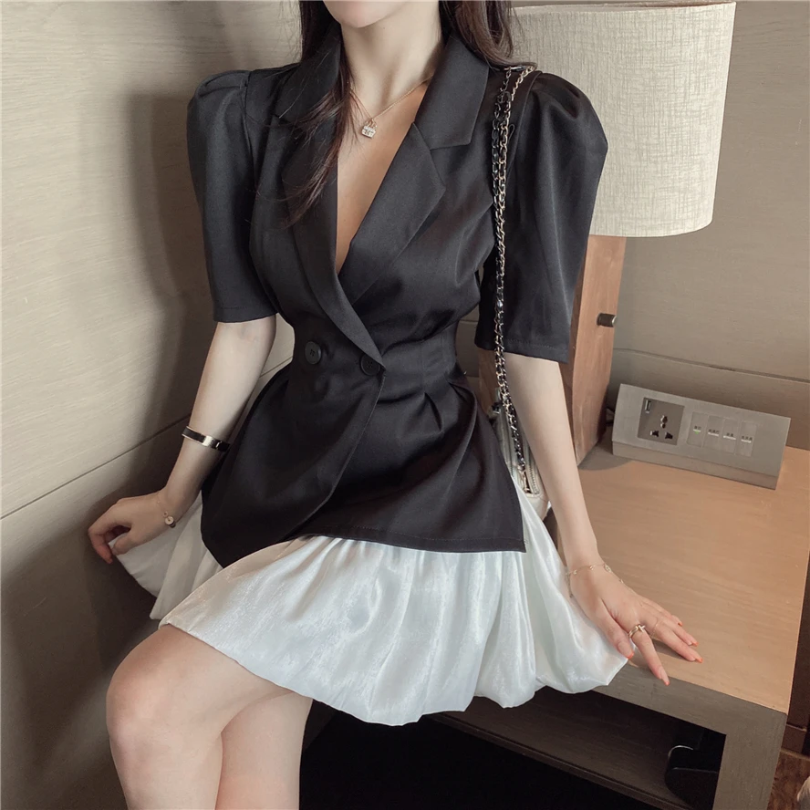 

2021 Summer New Office Lady Fashion Button Up Suit Top Ladies Solid Color A-line Mini Skirt Women High Street Two-Piece Set