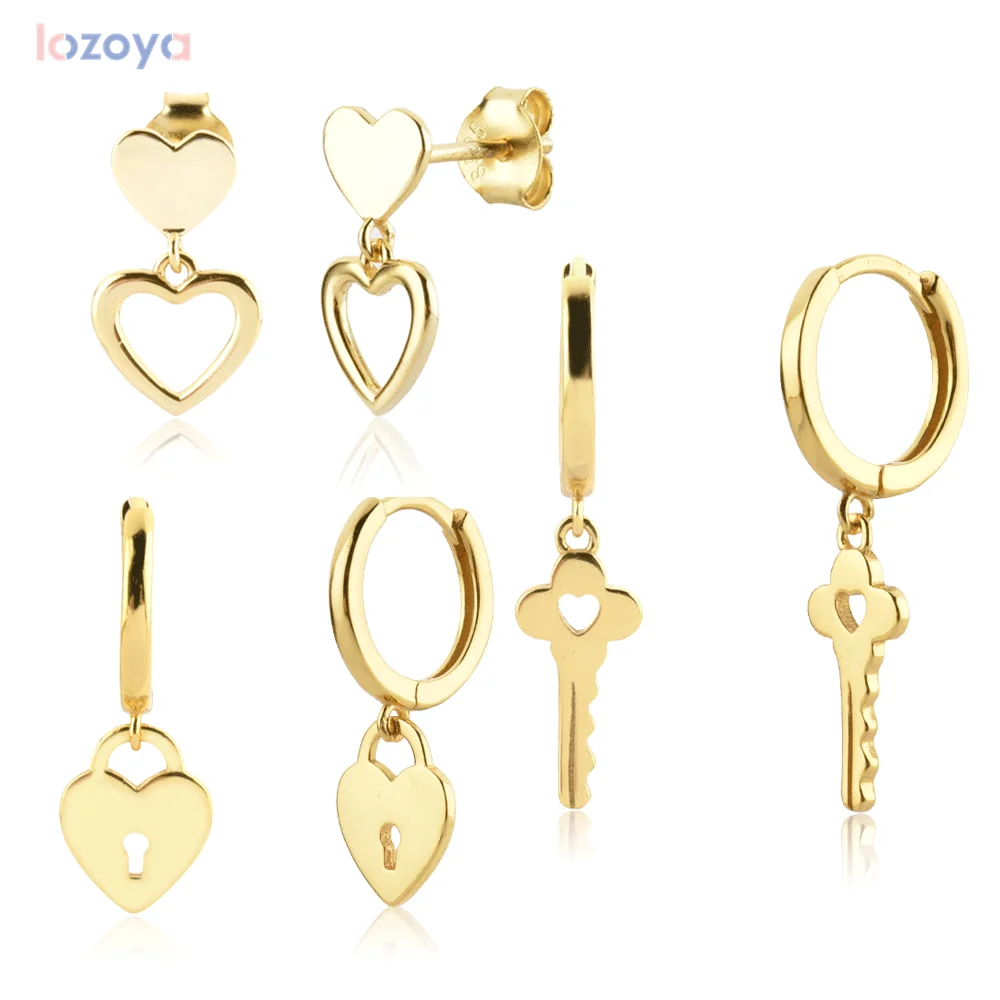 

Lozoya 925 Изящные ювелирные изделия кристалл Стерлинговое Серебро Золото Сердце Ключ Пирсинг простые серьги-капли серьги-клипсы для свадьбы