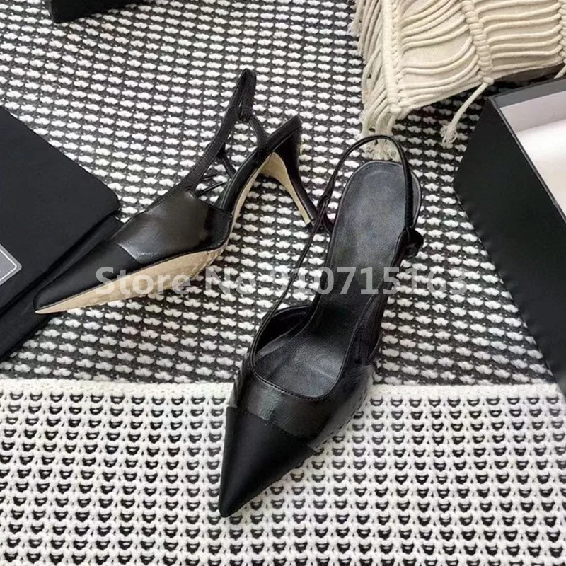 

Runway Kitten Heels Pumps Women Pointed Toe Real Leather Triangle Decor Slingbacks Sandals 2021 Spring Candy Color Party Shoes