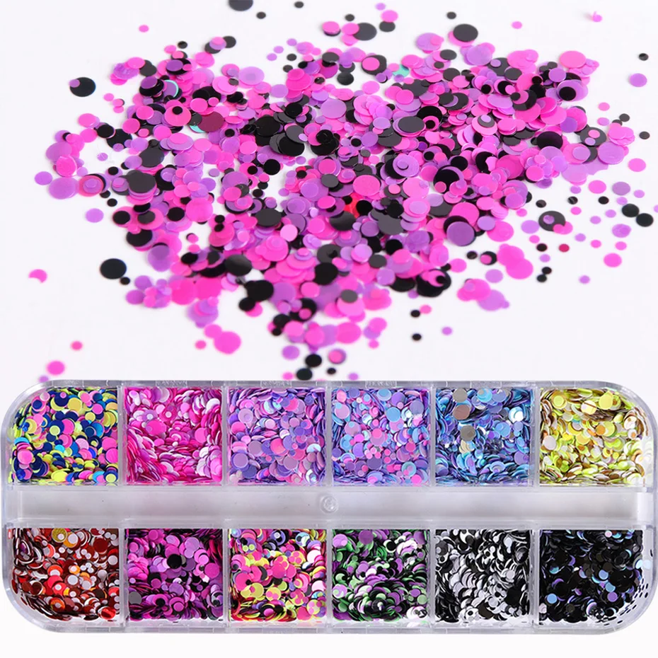 12 сеток 3D дизайн ногтей блестки круглые ультратонкие Блестки блестка Мини УФ гель лак хлопья порошок смешанные цвета Маникюр украшения JIP