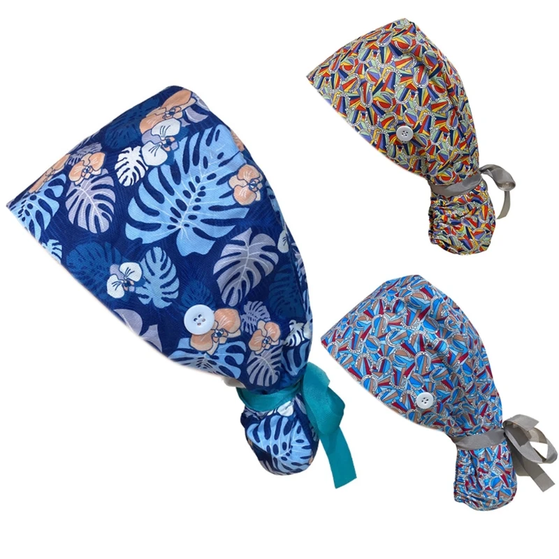 

3Pcs/Set Adjustable Ponytail Working Cap with Button Sweatband Butterfly Floral Printed Tie Back Hat for Women Long Hair