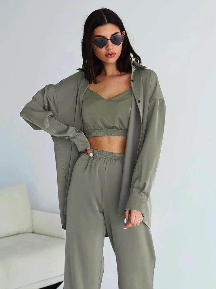 

Womens Robe Pajama Sets Spaghetti Strap Sexy Crop Top Set Woman 3 Pieces High Waist Roomware Trouser Suits Robes Women Sleepwear